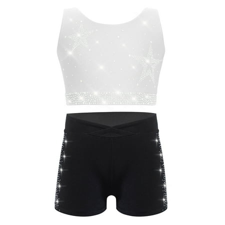 vastwit Kids Girls Rhinestones Gymnastics Dance Sports Outfit Sleeveless Crisscross Back Crop Top Vest and Shorts Set White Black 6