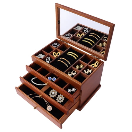 4 Layers Wooden Jewelry Box Jewelry Storage Ring Earrings Organizer Case with Drawer