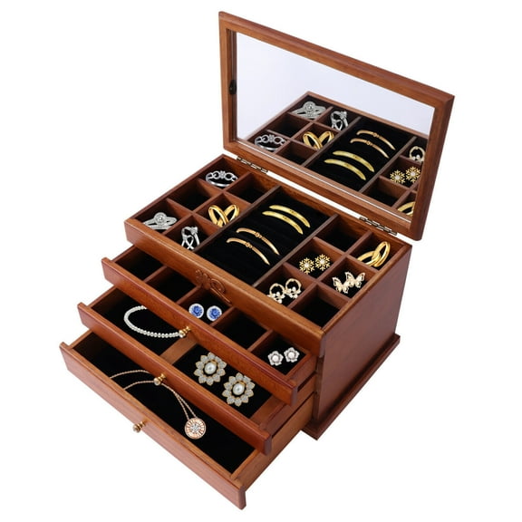 4 Layers Wooden Jewelry Box Jewelry Storage Ring Earrings Organizer Case with Drawer