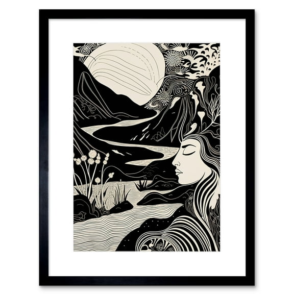 Earth Goddess River Mountain Landscape Linocut Artwork Framed Wall Art Print 9X7 Inch