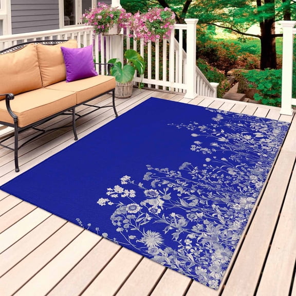 Blue Botanical Outdoor Rug for Patio/Deck/Porch, Non-Slip Large Area Rug 5 x 7 Ft, Farmhouse Spring Summer Flower Indoor Outdoor Rugs Washable Area Rugs, Reversible Camping Rug Carpet Runner
