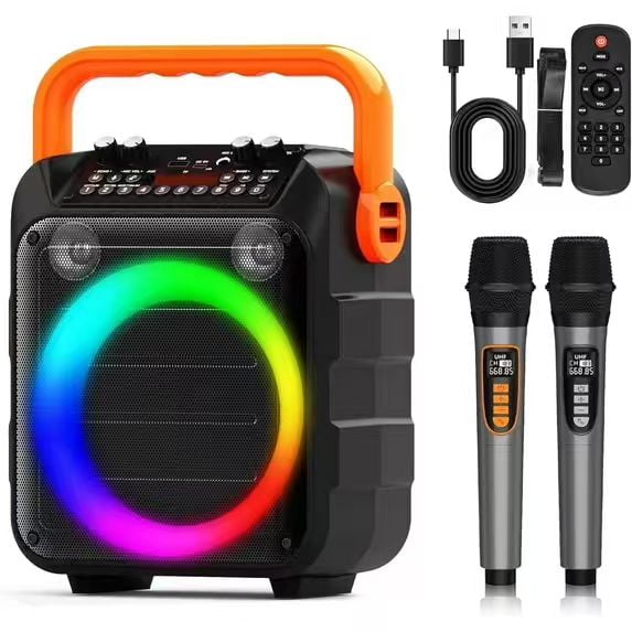 LOOKFUN Karaoke Machine, Portable Bluetooth Speaker with 2 Wireless Microphones for Adults & Kids with Lights, Karaoke Microphone with PA System Supports USB/TF/REC/FM/AUX for Home Party