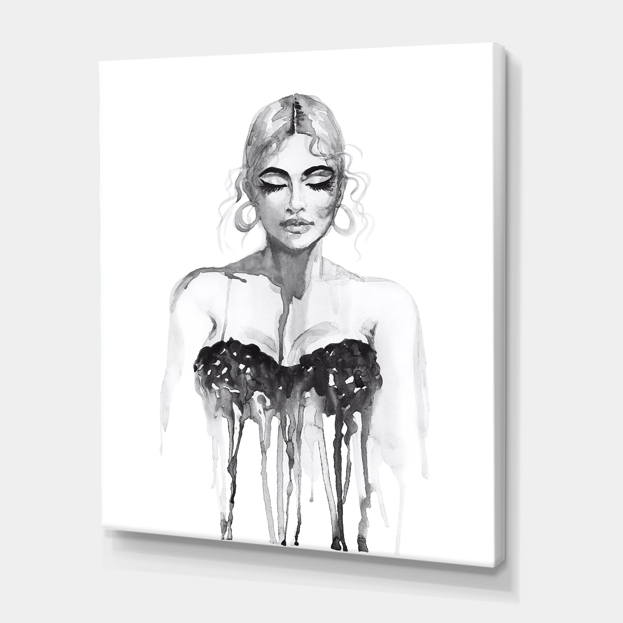 Black and White Portrait of Woman Wearing Evening Dress 12 in x 8 in Painting Canvas Art Print, by Designart