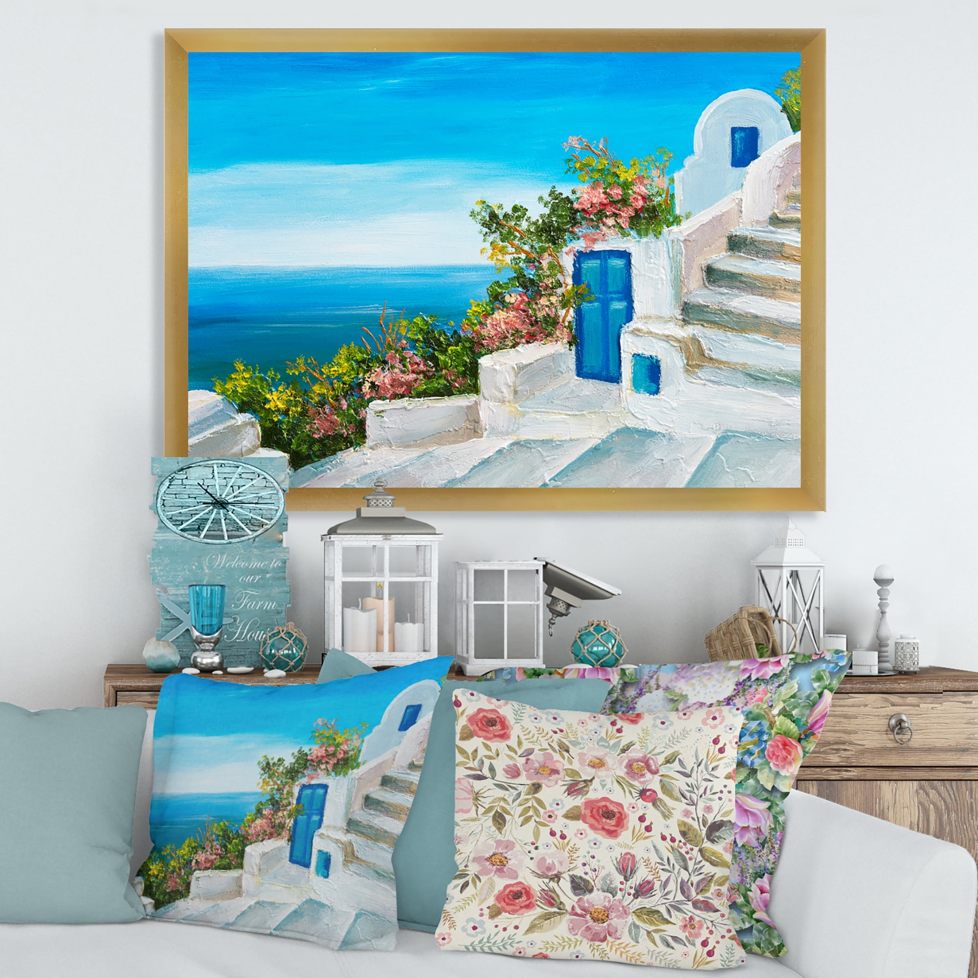 Designart 'House With Colorful Flowers Near The Sea IV' Nautical & Coastal Framed Art Print