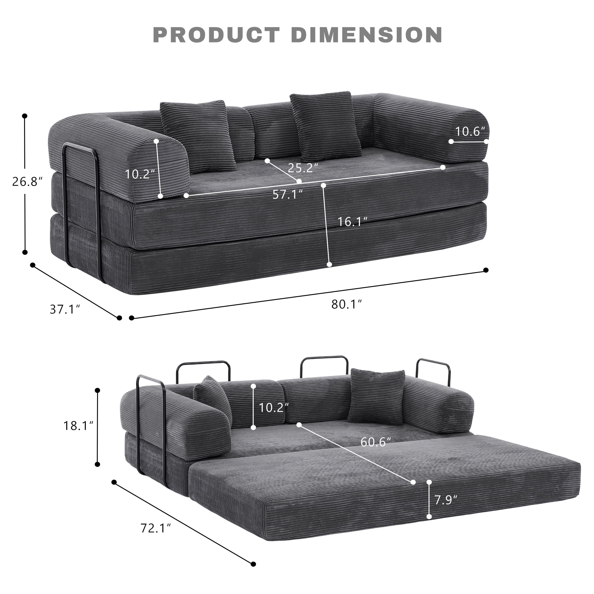 GAOHAPY 80" Convertible Sleeper Sofa Bed, Corduroy Foldable Futon Couch with Pillows, No Assembly Sofa  for Living Room Small Spaces Apartment ,Dark Grey