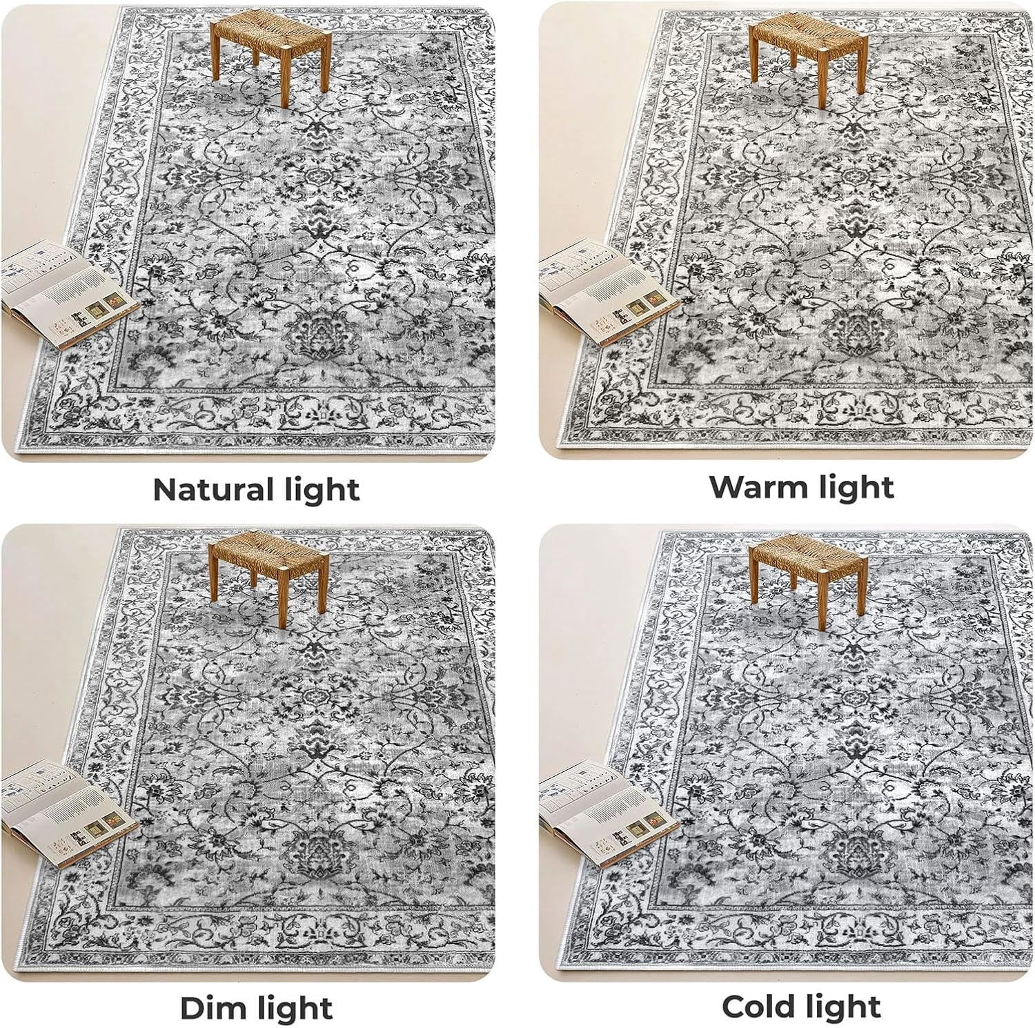 iOhouze Runner Rugs for Hallway 2x5 Rug Runner Thin Vintage Floral Rug Washable Runners Non-Slip Soft Low Pile Kitchen Runner Rug for Laundry Room Bedroom, Light Gray White