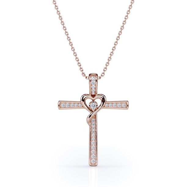 JeenMata Collar con Colgante de Crucifijo de Diamantes Redondos de 0,1 TCW en Forma de Corazón en Baño de Oro Rosa de 18 K sobre Plata