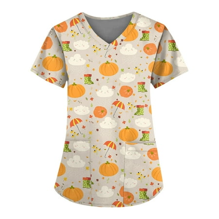 

Bazyrey Women s Halloweenn Scrub Tops 2024 Fashion Casual Short Sleeve V-Neck Halloween Printed Pocket Top Brown 5XL