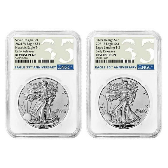 2021 Reverse Proof American Silver Eagle Designer 2pc Set NGC PF69 ER 35th Annvi. Label