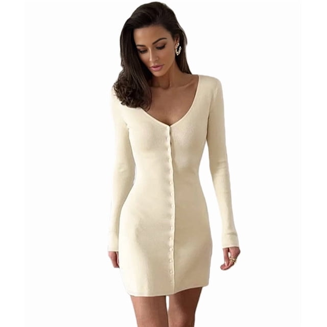 Women Deep V Neck Button Front Knit Mini Dress Elegant Long Sleeve Ribbed Flowy Hem A-Line Short Dresses Color M