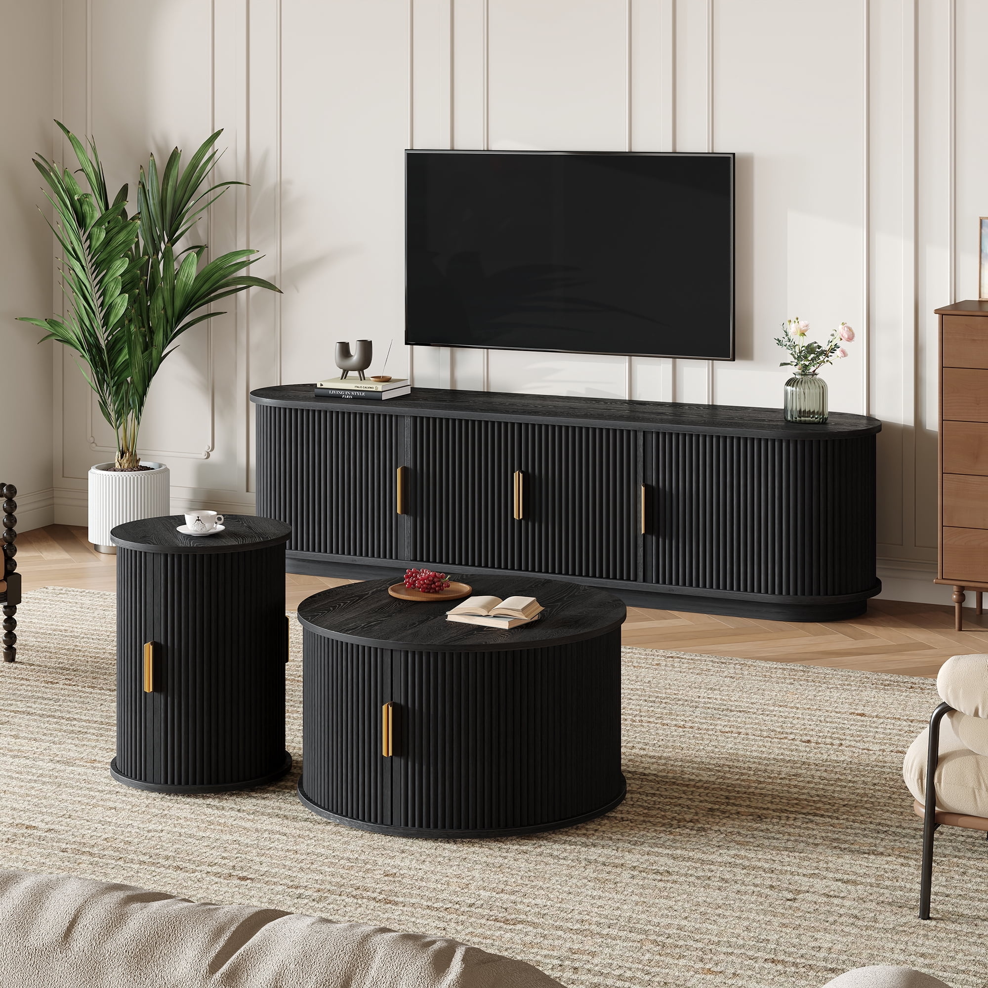 Euroco Wooden TV Stand & Coffee Table Set with Fluted Sliding Doors for TVs up to 75", Golden Handles Media Console with Cable hole, Farmhouse Round Center Table for Living Room, Black