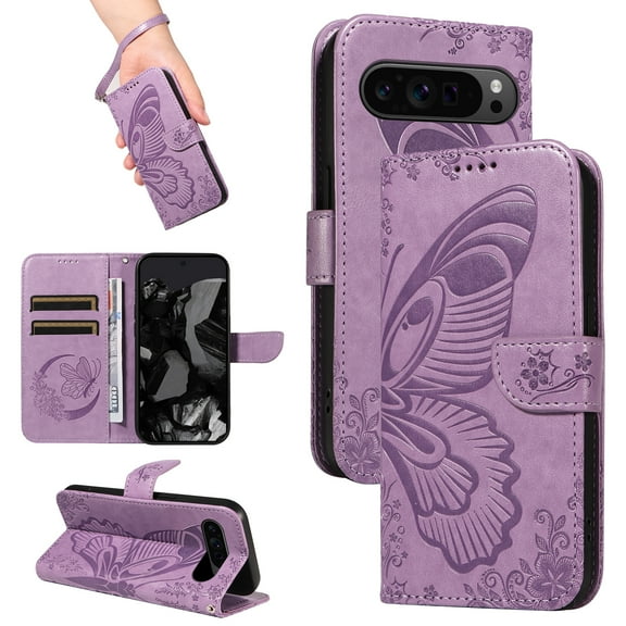 Compatible With Google Pixel 9 / 9 Pro Wallet Phone Case,Embossed Butterfly Designing,With Wrist Strap,Card Slots,Kickstand,PU Leather Flip Shockproof Anti-fall Phone Case Cover,Purple