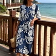 thumbnail image 6 of VBVC Women's and Women's Plus 3/4 Sleeve Midi Dress, Summer Casual Crew Neck Dress For Women, Ladies' Loose Fit Floral Dress with Pockets,Navy,S-5XL, 6 of 7