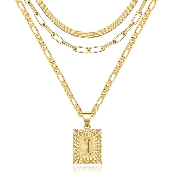 KissYan Gold Layered Necklace Set for Womens, 14K Gold Plated Initial Letter Pendant Necklace Paperclip Snake Choker Silver Alphabets from A-Z Figaro Chain Necklace Jewelry Gift