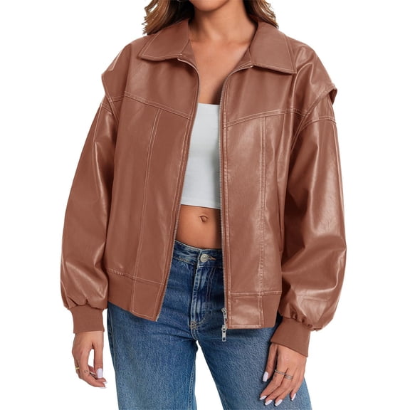 Womens Oversized Leather Bomber Jackets Cap Sleeve Zip Up Motorcycle Coats with Pockets