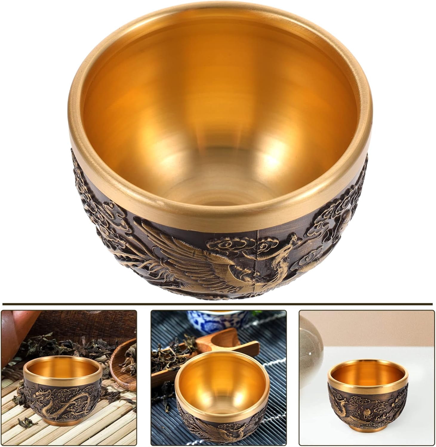Kung Fu Teacups Chinese Copper Tea Cup Vintage Dragon Pattern Tea Tasting Cup Embossed Traditional Tea Mugs Japanese Sake Cup for Coffee Tea Espresso
