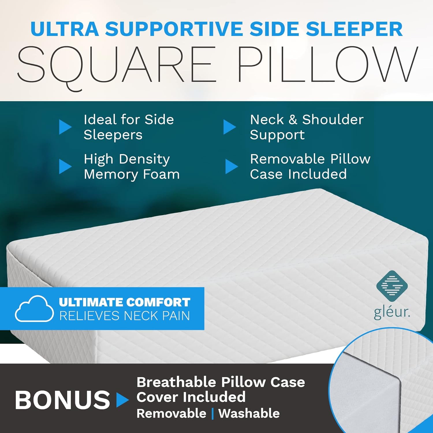 Gleur Square Pillow for Side Sleepers Memory Foam Pillow for Neck Support, 24" x 12" x 5"