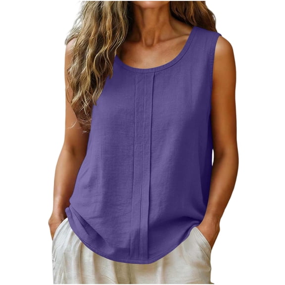 Husipze Women Cotton Linen Tank Top Pleats Sleeveless Crew Neck Loose Fit Shirt Blouse for Summer Casual Purple M