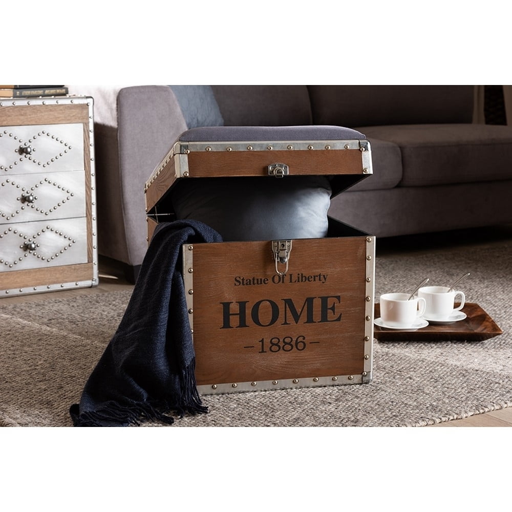 Baxton Studio Violetta Vintage Industrial Light Gray Fabric Upholstered Wood Storage Trunk Ottoman