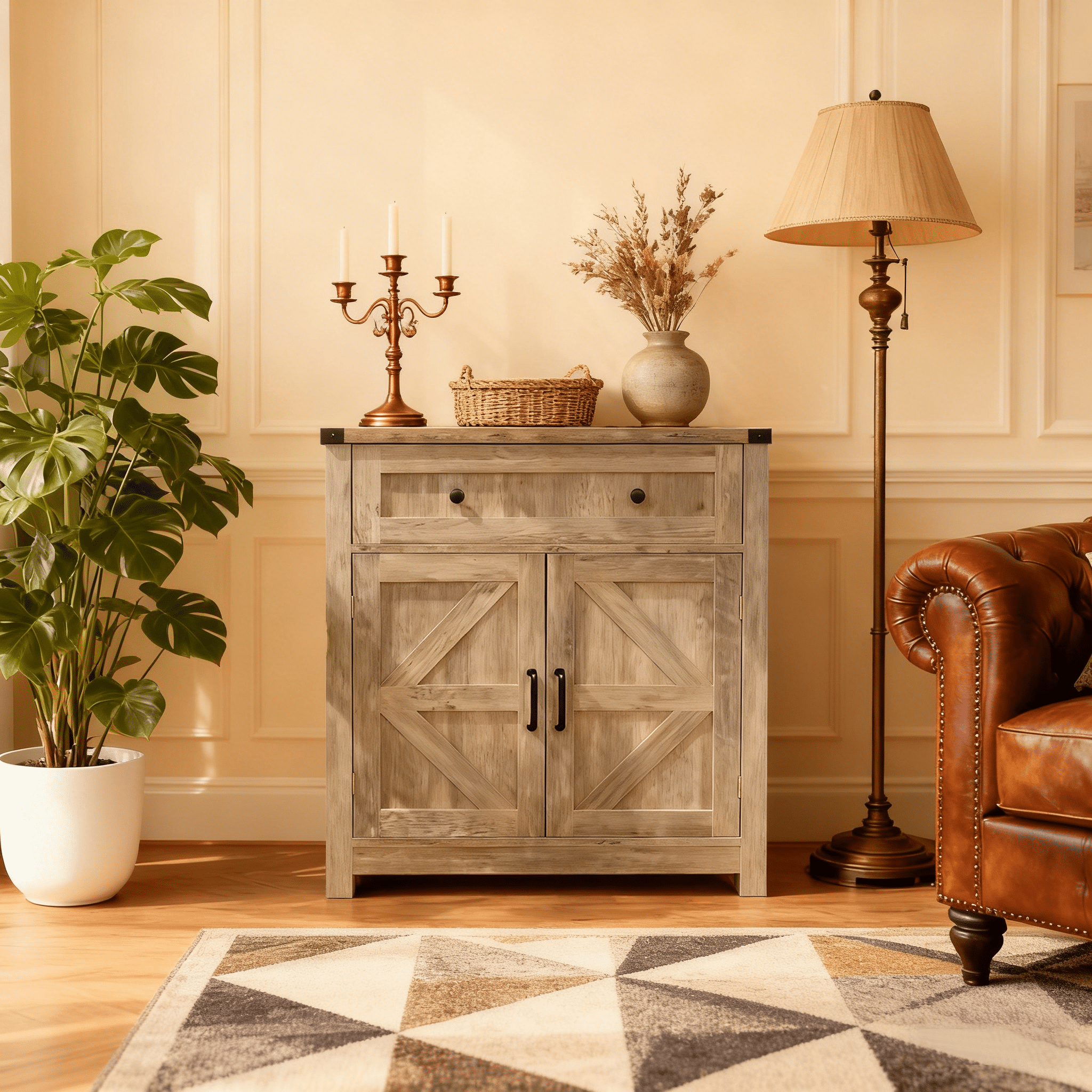 Mintazer Farmhouse Sideboard Cabinet with Barn Doors & Drawer, Rustic Storage Cabinet for Kitchen & Living Room, Grey