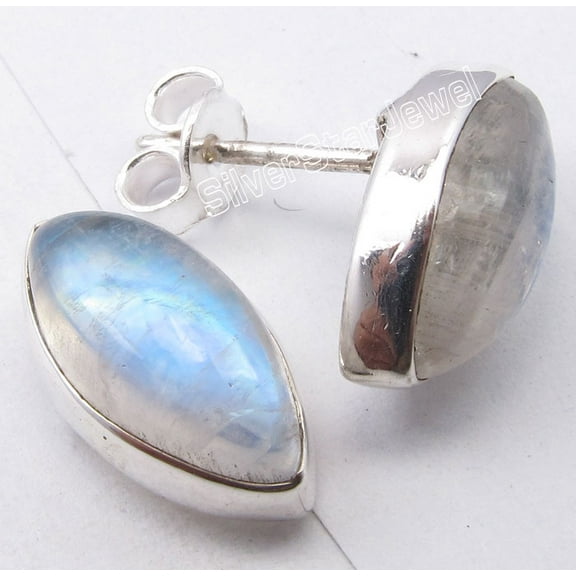 SilverStarJewel 925 Pure Silver Marquise Rainbow Moonstone Nice Studs Post Earrings 5/8"