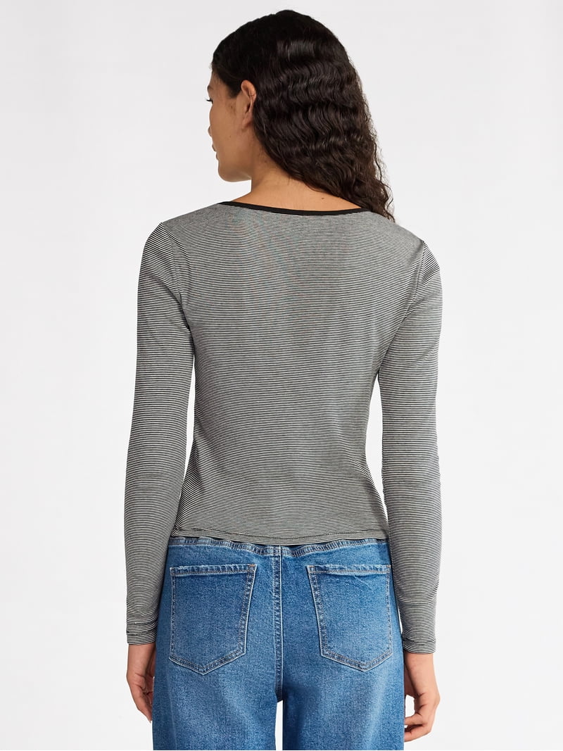 No Boundaries Striped Tee with Long Sleeves, Women's - Walmart.com
