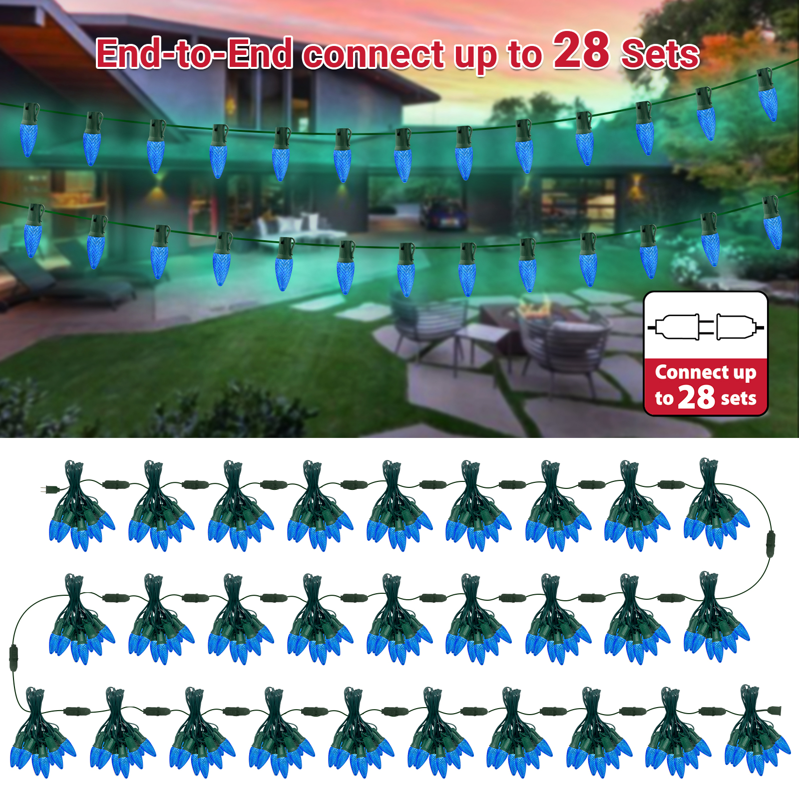 LAMPHOME Blue C9 Christmas String Light Outdoor, 25FT Shatterproof LED for House Rooflines & Pathways, Connectable Waterproof Vintage Christmas Light for Tree, Yard, Patio, Porch, Garden
