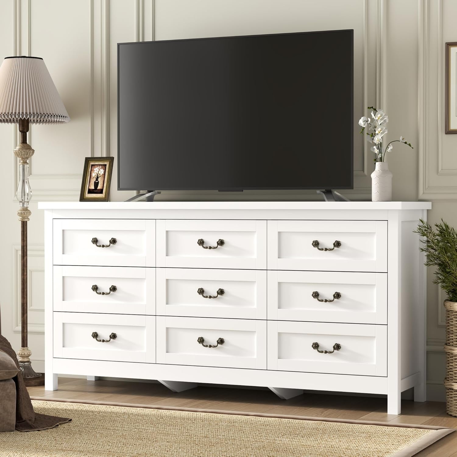 9-Drawer Triple Dresser for Bedroom, 63" TV Stand for TVs up to 75", Wide Chest of Drawers, Large Storage Long Dresser Organizer with Vintage Pull, White – STIKELY