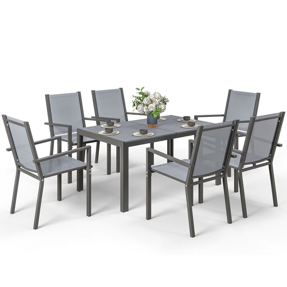 7-Piece Outdoor Dining Set, Grey Rectangular Table and 6 Stackable Mesh Chairs, Powder-Coated Steel Frame, for Backyard, Patio, Deck, Balcony and Pool Side, 59" Table Length
