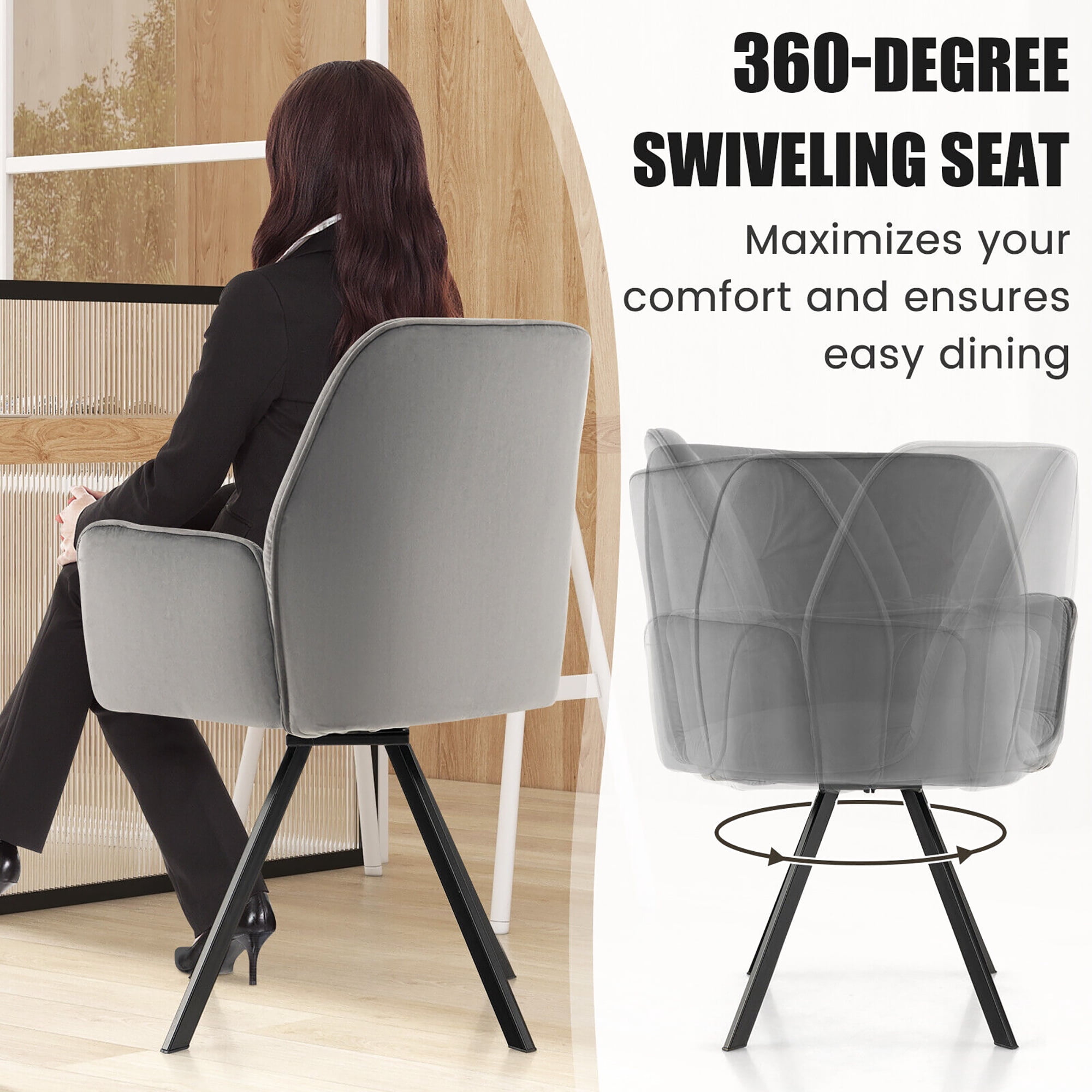 Gymax Set of 2 Velvet Accent Chairs Swivel Dining Armchairs w/ Back & Metal Legs Gray