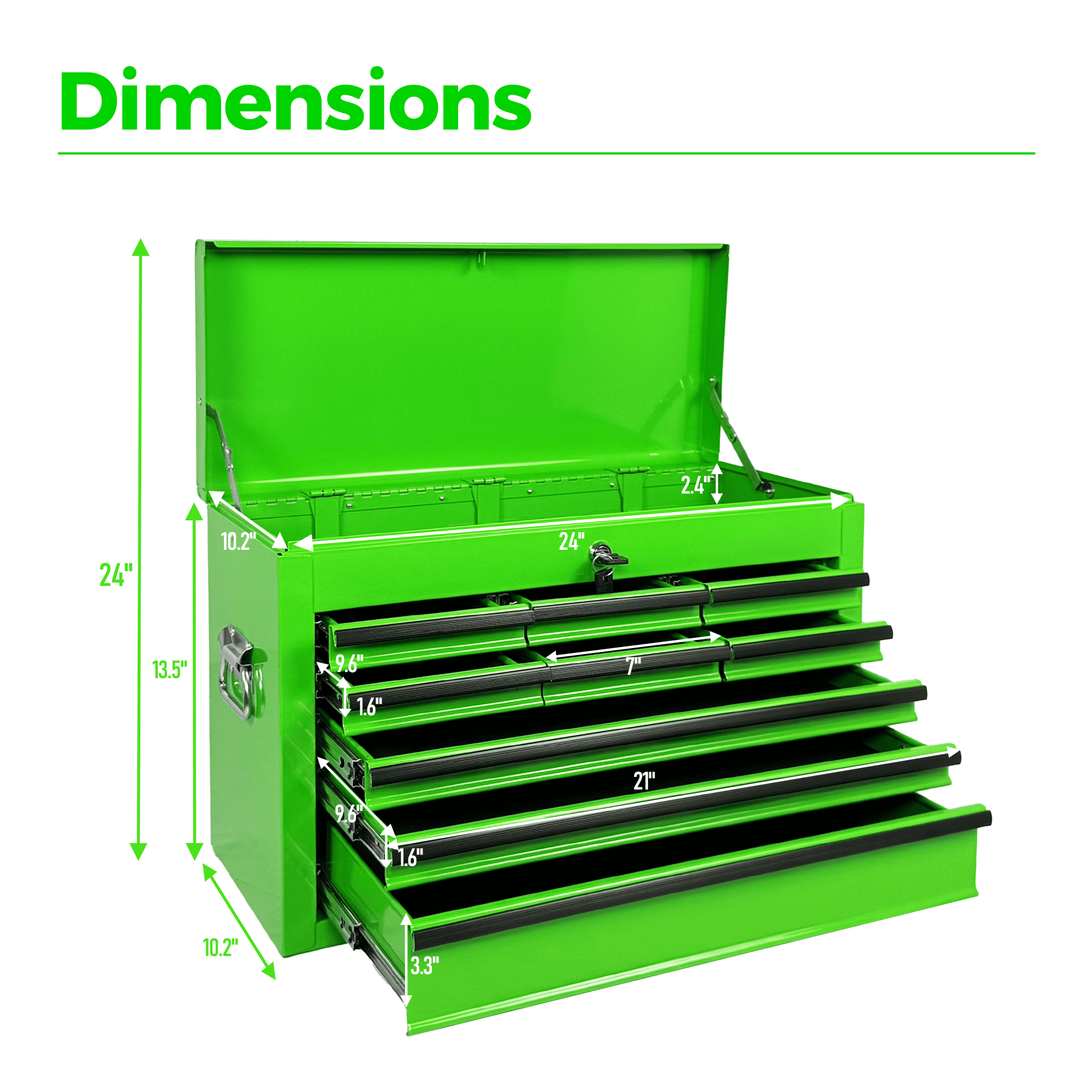 Heavy Duty Metal Tool Box,24 Inch Portable Tool Chest with 9 Drawers, Ball Bearing Slide Drawers with Auto-Locking System, Lockable Top Box Tool Organizer for Garage, Workshop, Truck,Green