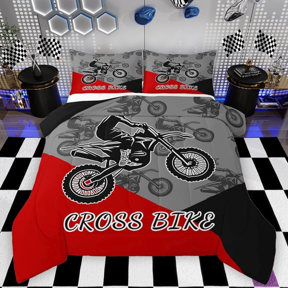 Feelyou Cross Bike Lover Bedding Comforter Set for Child, Motorcycle Speed Sport Twin Comforter Sets, Gray Red Cartoon Reversible Bedding Set, Breathable Home Decor, 2-Piece