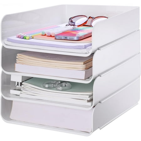 Tomorotec Desk Letter Tray Set, A4 Size White Stackable Document Organizer Office Desktop File Paper Holder Book Storage Rack Side Load Anti-Skid Stacking Support Convex Bottom (4X Portrait)