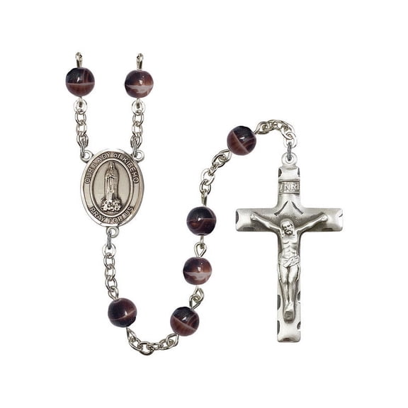 Our Lady of Kibeho Silver-Plated Rosary 7mm Brown Beads Crucifix Size 1 3/4 x 1 medal charm