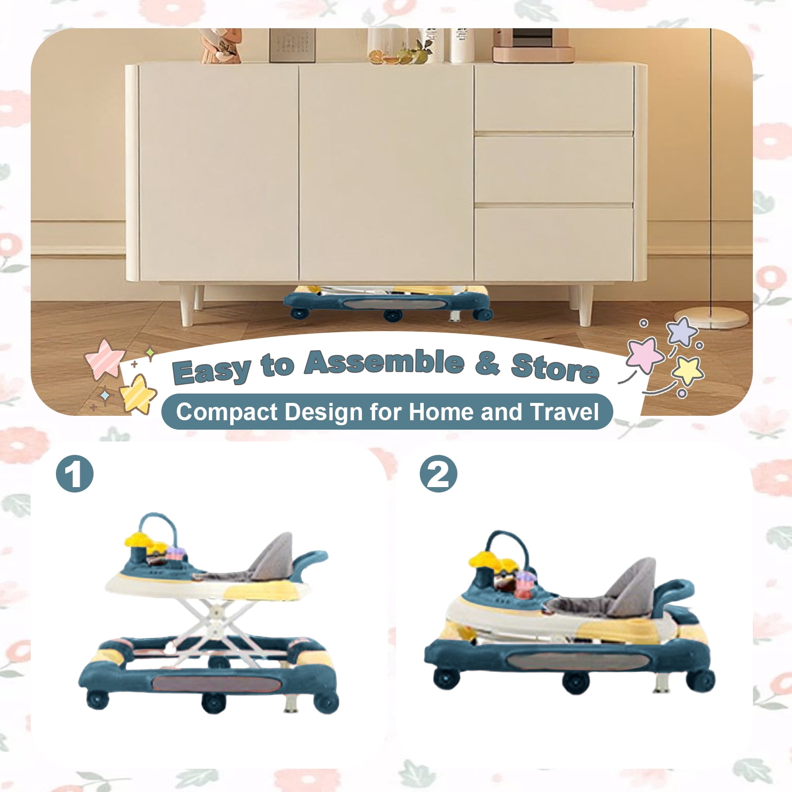 MINGYI 5-in-1 Baby  Walker, Foldable, Height Adjustable, Quiet Wheels, Easy Clean, Green, Suitable for Boys and Girls
