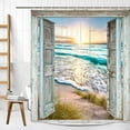 thumbnail image 5 of Beach Shower Curtain, Teal Blue Barn Door with Sea Shower Curtain Set, Hawaiian Sunset Scenery Sea Wave Retro Bathroom Decoration, Farmhouse Nautical Wedding Bathroom Curtain 72x72inches, 5 of 12