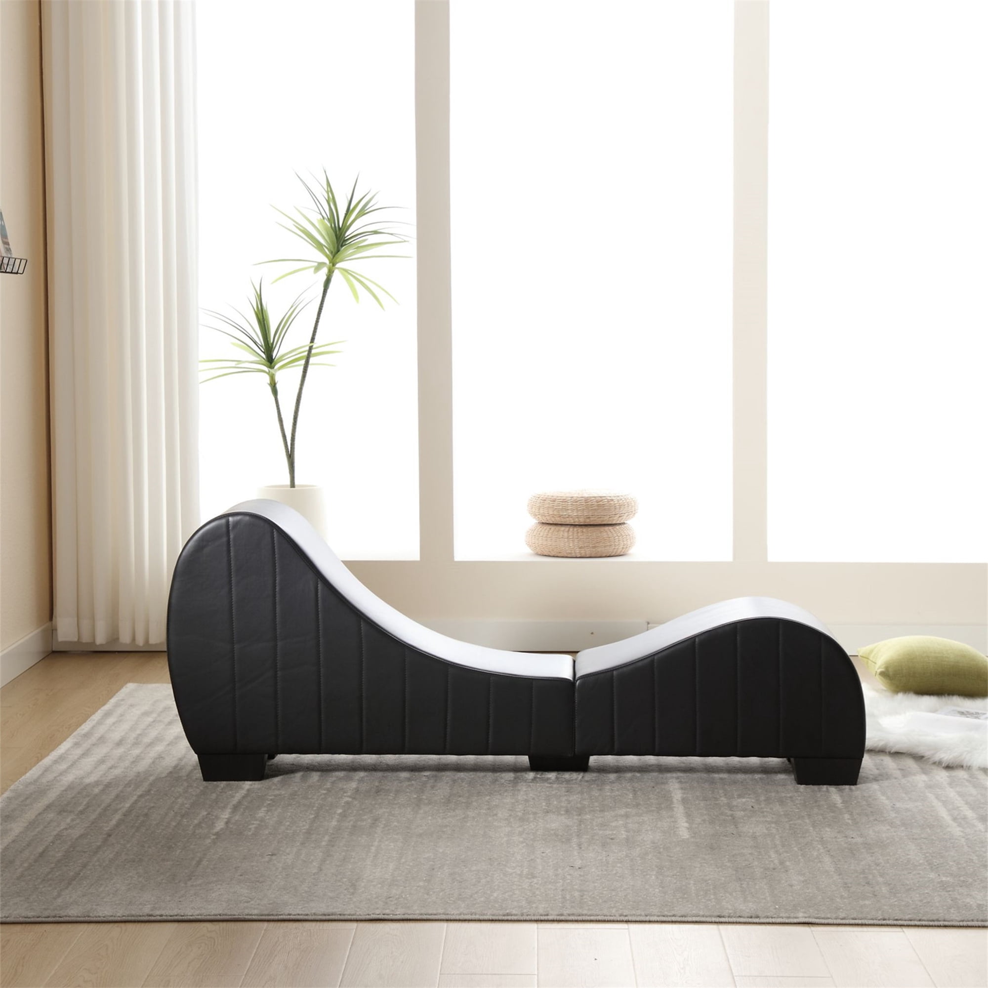 Aukfa Sleek Chaise Lounge for Yoga Curved Sofa for Stretching, Relaxation, Exercise & More, Leather, Black