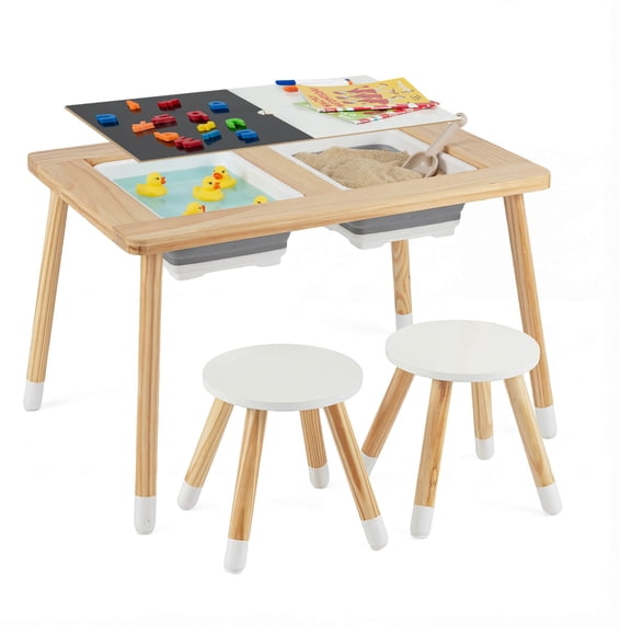 Costway Sensory Table with 2 Stools, Detachable Double-Sided Tabletops & 2 Storage Bins