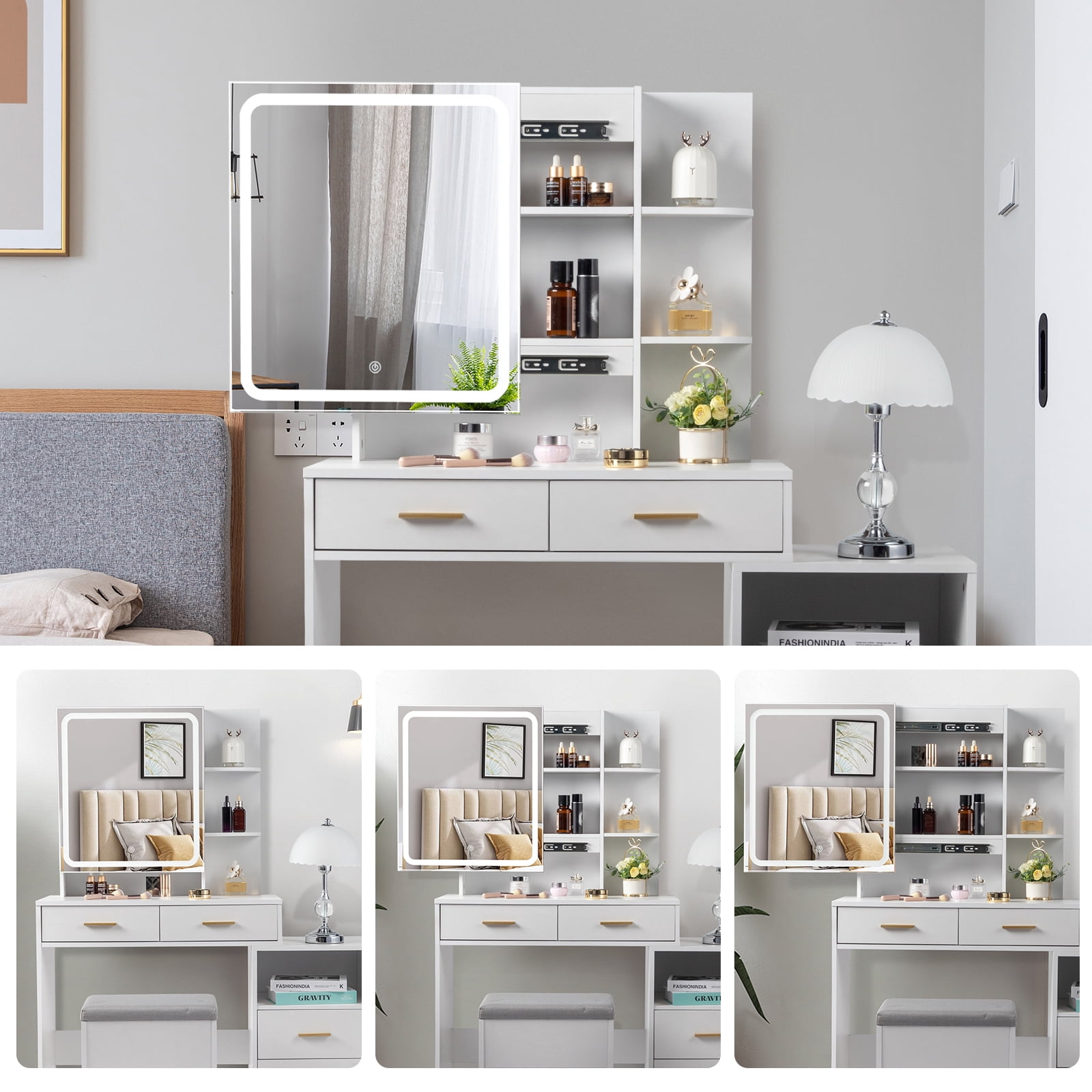 Ktaxon Lighted Makeup Vanity Table Set, Dressing Table with Sliding Mirror, Vanity Desk , White