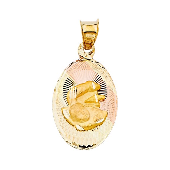 14K Tri-Color Real Gold Diamond Cut Baptism Stamp Religious Charm Pendant for Men and Women