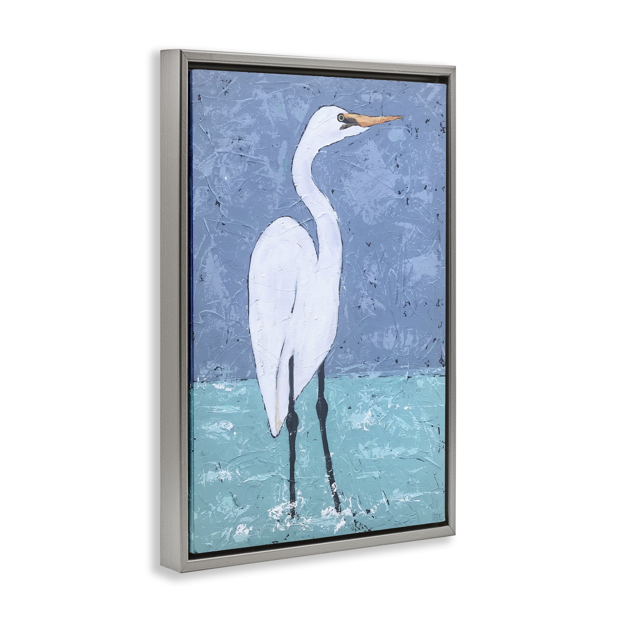 Stupell Industries Sea Heron Standing Animals & Insects Painting Gray Floater Framed Canvas Art Print Wall Art, 21 x 31