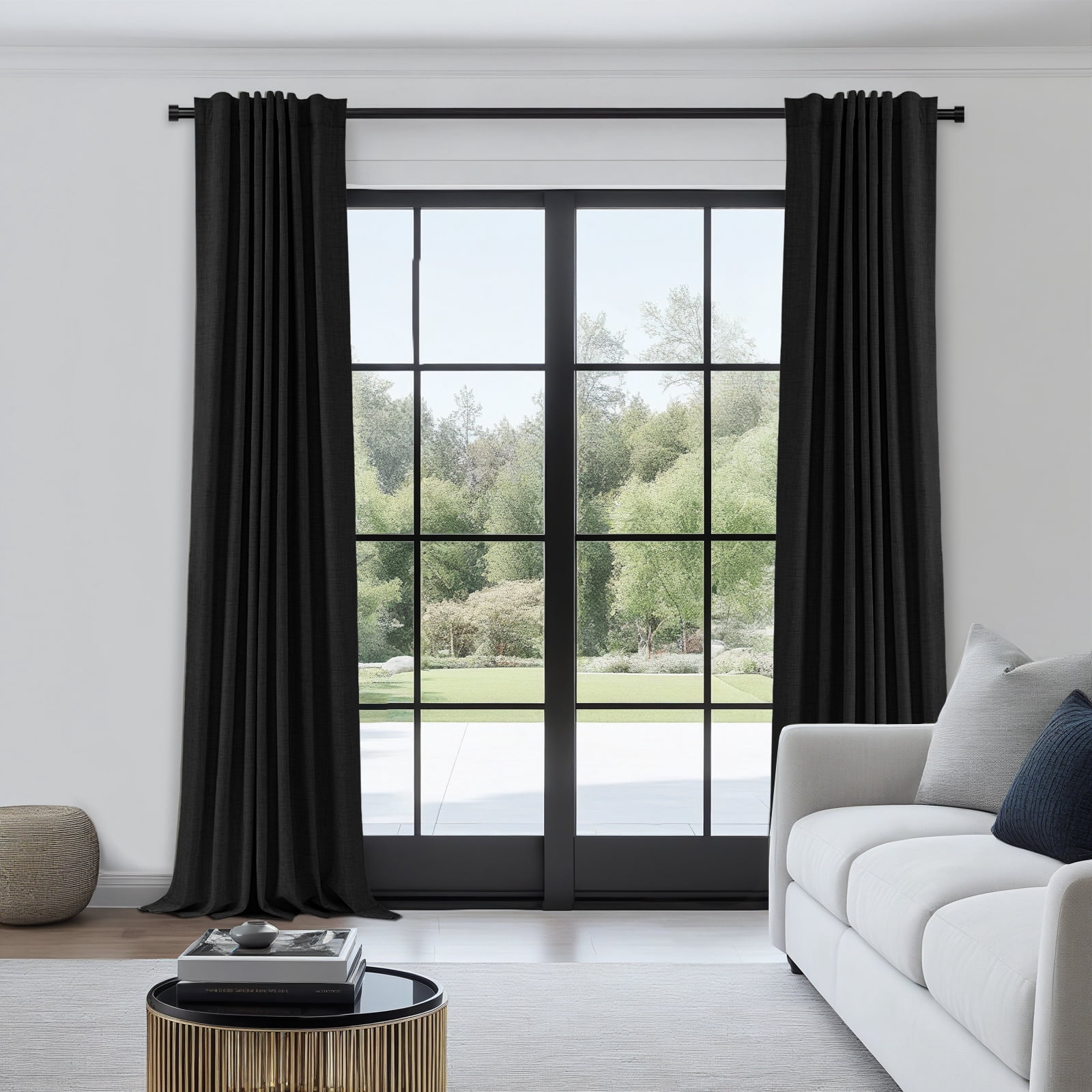 100% Blackout Curtains,50"Wx108"L Faux Linen Textured Back Tab/Rod Pocket Curtain,2 Panels Set,Thermal Insulated Curtains for Livingroom,Black