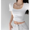 thumbnail image 1 of VISgogo, camisetas cortas para mujer, Color sólido, manga corta, cuello en U, diseño de punto, longitud del ombligo, informal, transpirable, camisetas de verano VISgogo  moda, 1 of 2