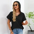 thumbnail image 6 of yillto Women's Short Sleeve Tops with Hoodies Drawstring Button V Neck Casual Blouses Shirts Spring Summer Outfits, 6 of 7