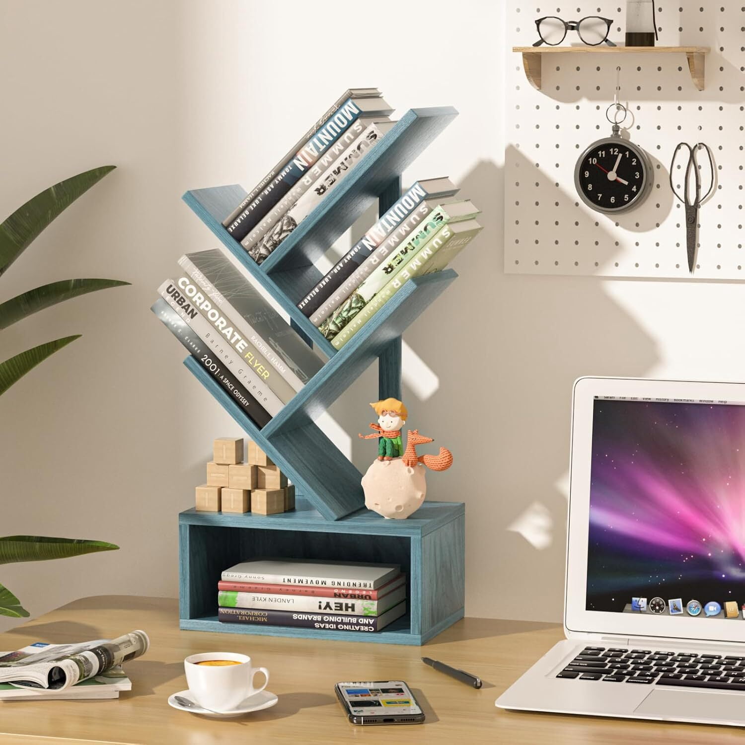 5 Tier Tree Bookshelf, Small Bookshelf, Desktop Bookshelf Floor Standing Bookcase Display for CDs/Magazine/Books, Book Organizer Shelves for Bedroom, Blue
