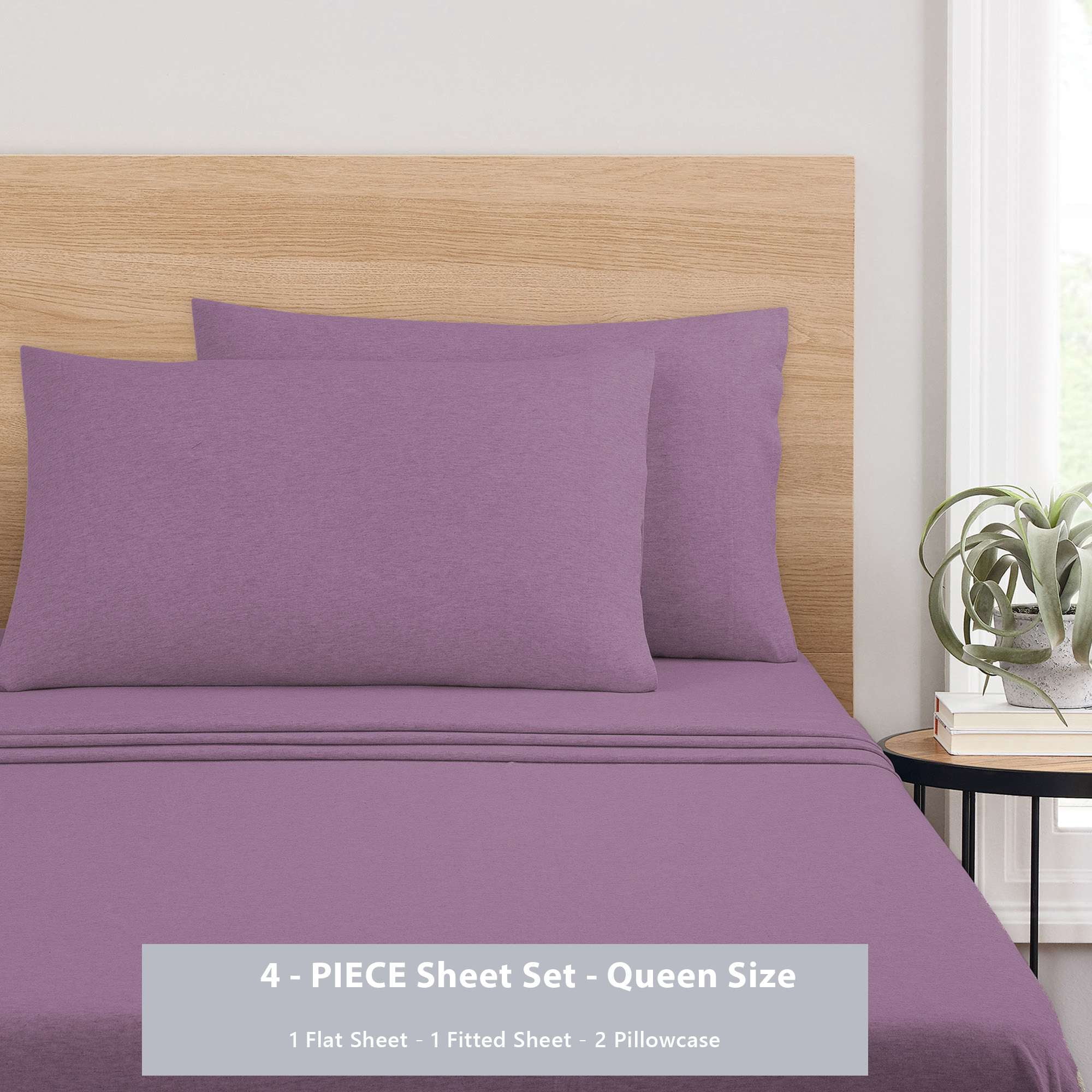 Mainstays Cotton Rich Extra Soft Jersey Bed Sheet Set, Queen, Lilac Bloom, 4 Pieces