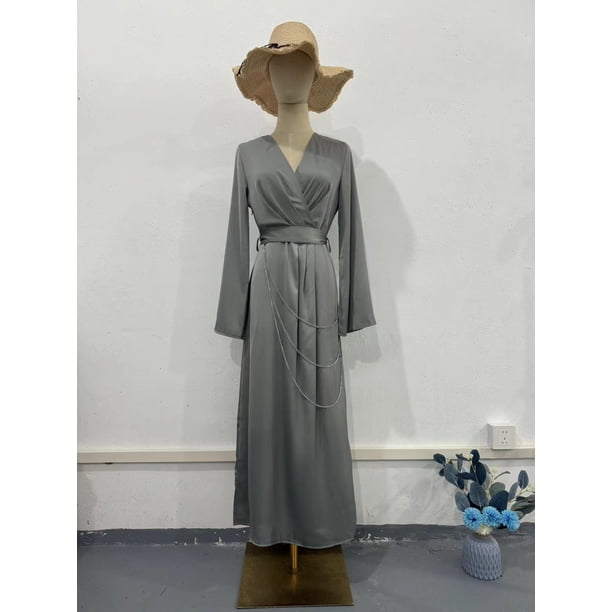 Vestido largo de otoño para mujer, vestido elegante de satén de Color liso con cadena de cintura larga
