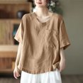 thumbnail image 2 of Qingpeng Women Cotton Linen Tops Causal Summer Short Sleeve Oversized T Shirts V Neck Loose Blouses with Pocket, 2 of 4