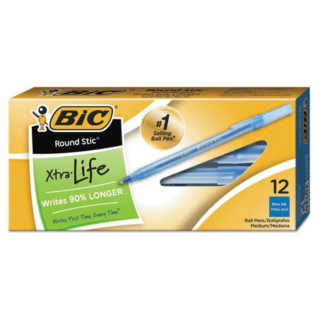 (2 Pack) BIC Round Stic Xtra Life Ballpoint Pen, Blue Ink, 1mm, Medium, 12