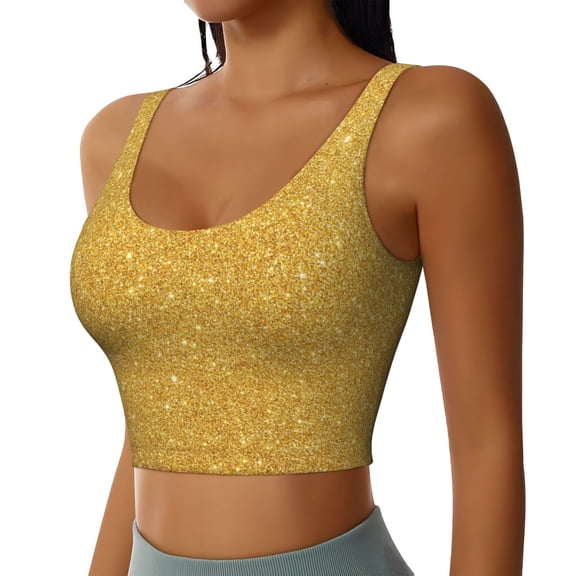 Picia Gold Shiny Sports Bra for Women,Padded Strappy Sports Bras Medium Support Yoga Bra with Removable Cups,Running Yoga Bra-